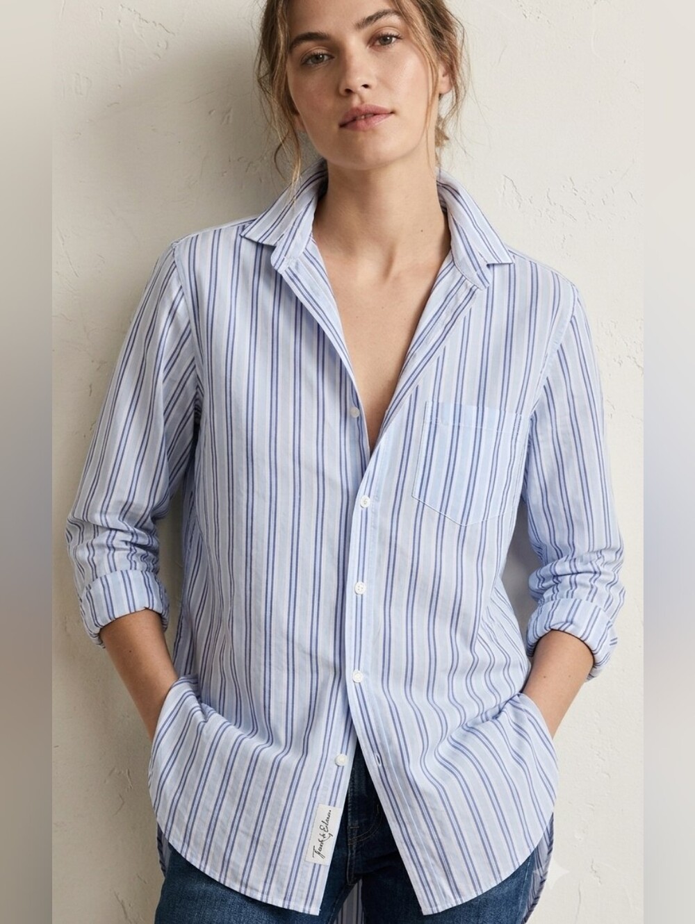 Frank & Eileen Stiped Blue Button Down Shirt Size XS Oversized